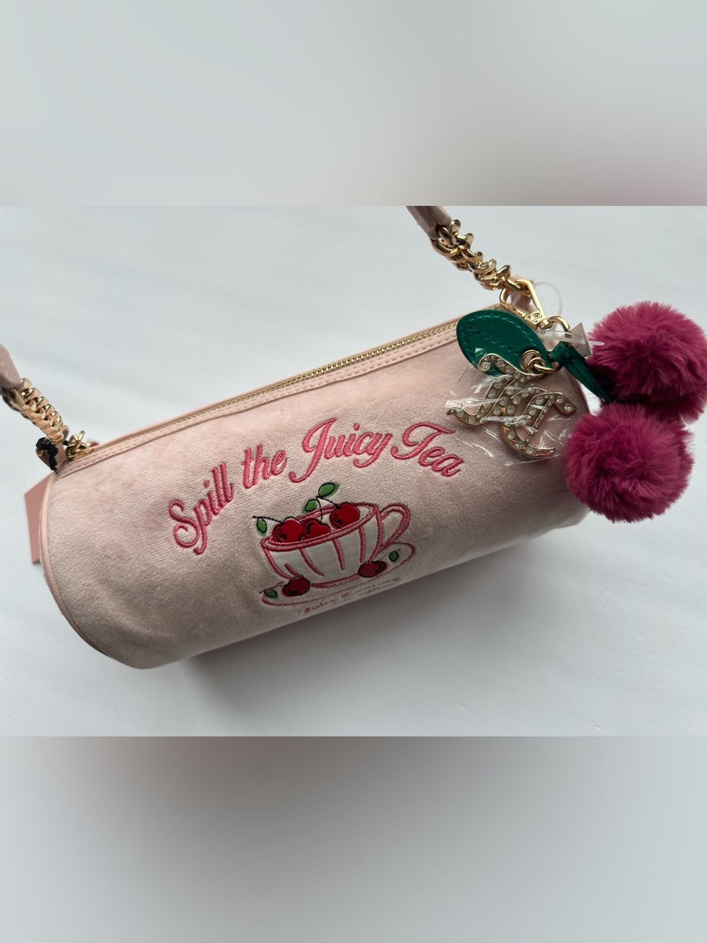 Juicy Couture Sweet Tea Party Spill The Tea Pink Velvet Barrel Shoulder Bag NWT